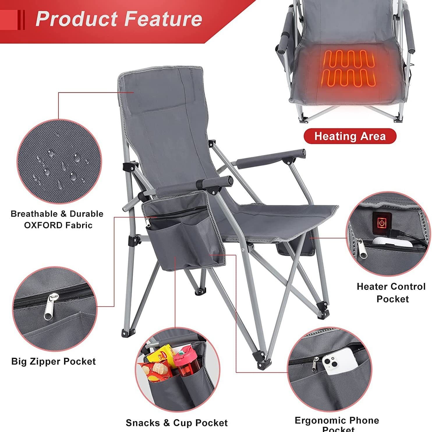 USB Heated Portable Folding Camping Lawn Chairs with Armrest