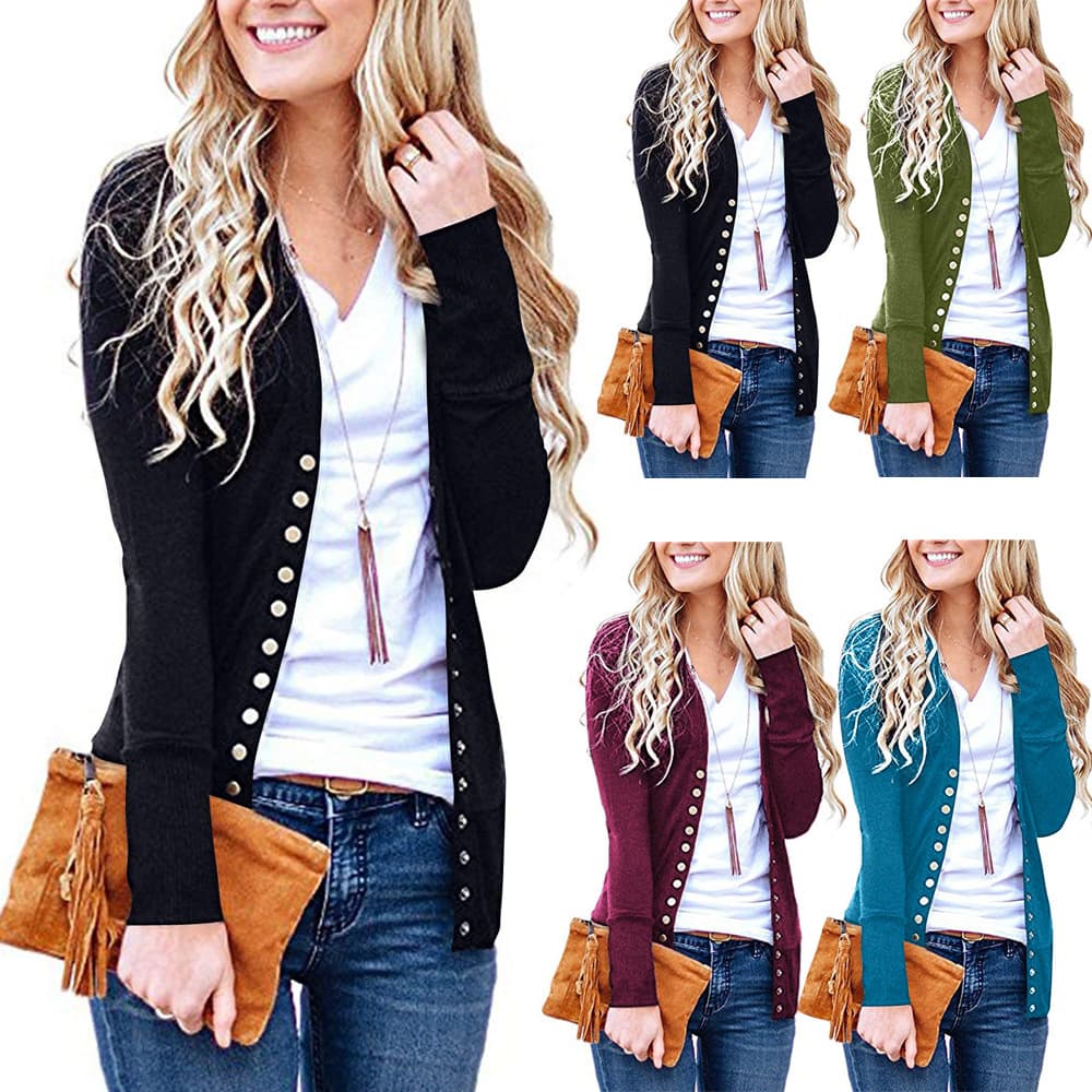 Women's Long Sleeve Snap Button Down Knit Neckline Cardigans thumbnail 4