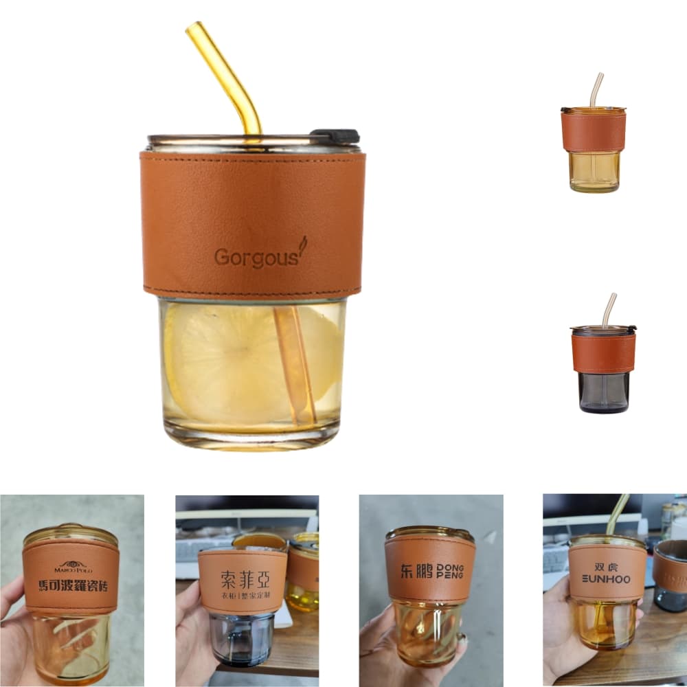 13oz/400ml Glass Coffee Cup with Straw and Leather Sleeve