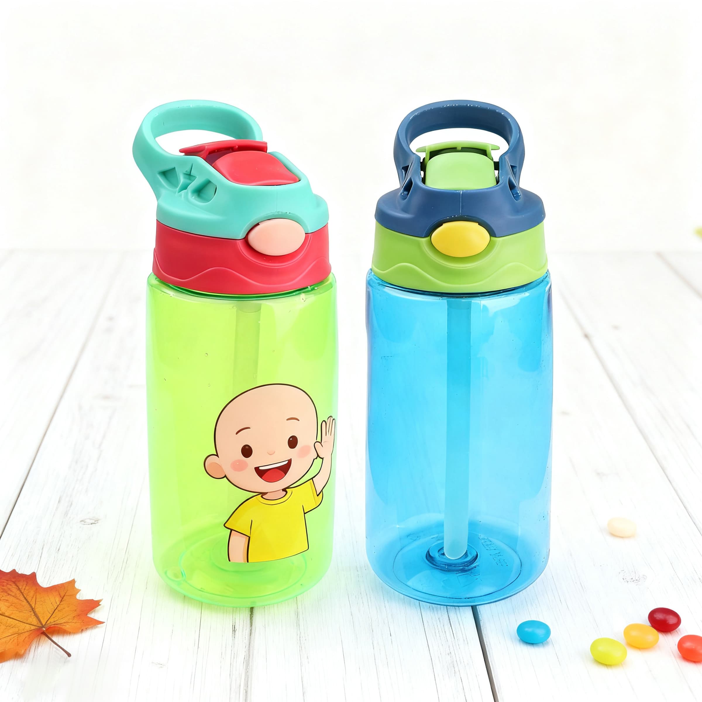 16oz Plastic Kids Water Bottle W/ Lid, Straw & Handle thumbnail 4