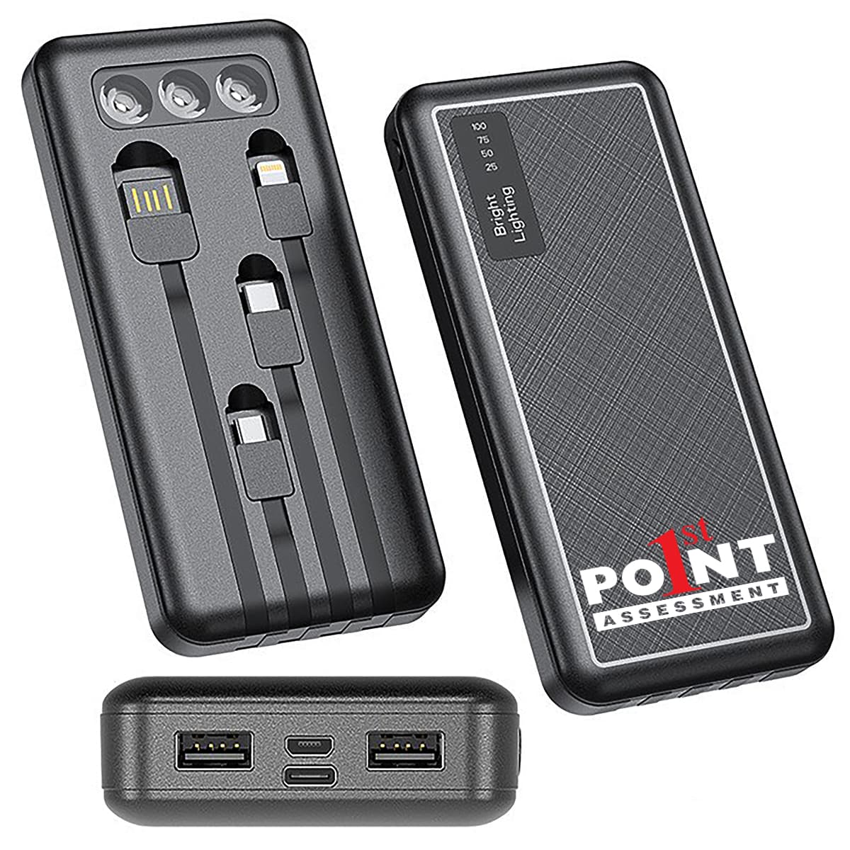 Slim Portable Power Bank 10000mAh with 4 Built-in Cables and Light