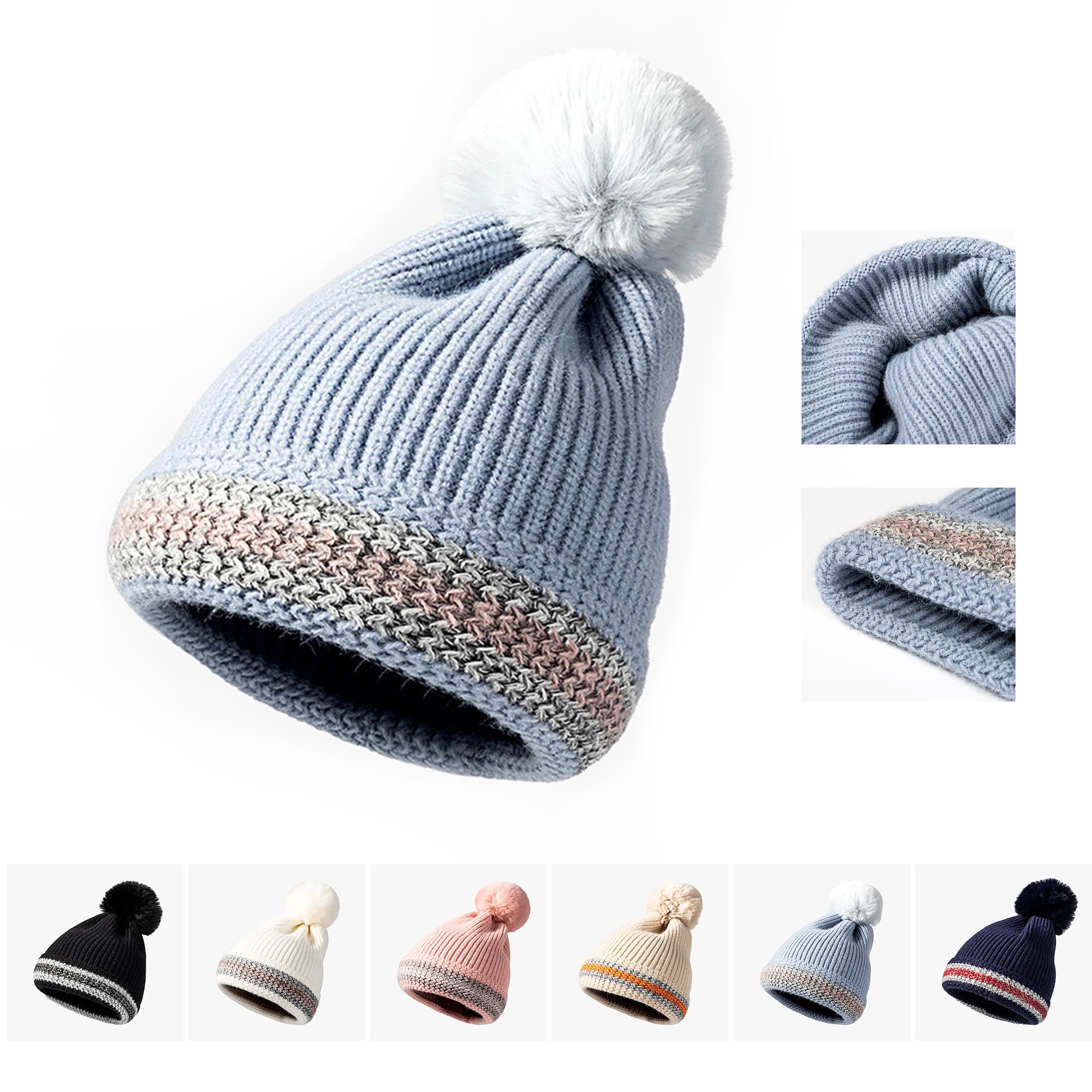 Two-Tone Knit Pom Beanie With Cuff