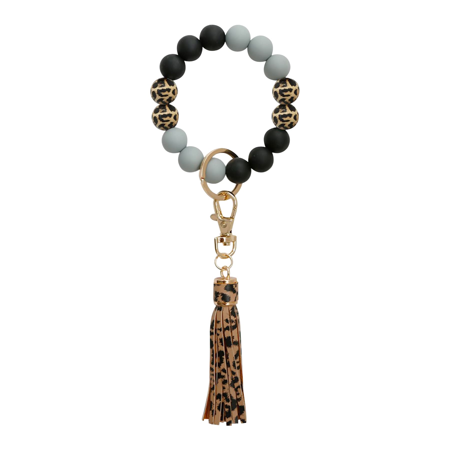 Silicone Beaded Wood Tag Wristlet Keychain With Tassel