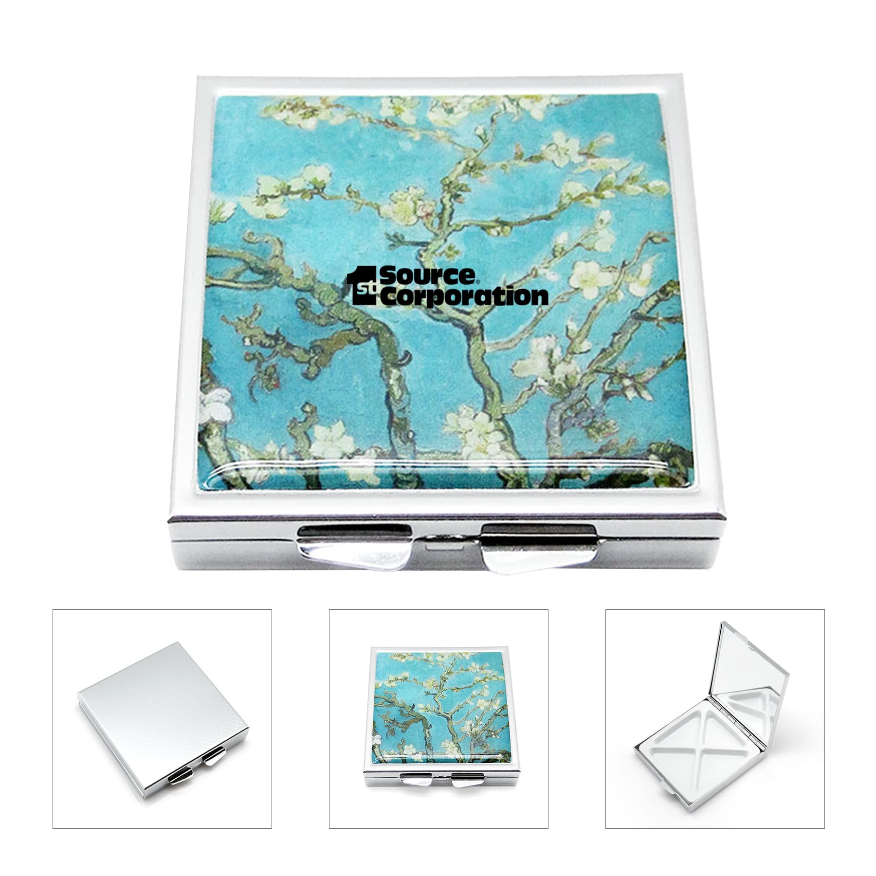 Square Compact Metal Pill Box Organizer with Mirror