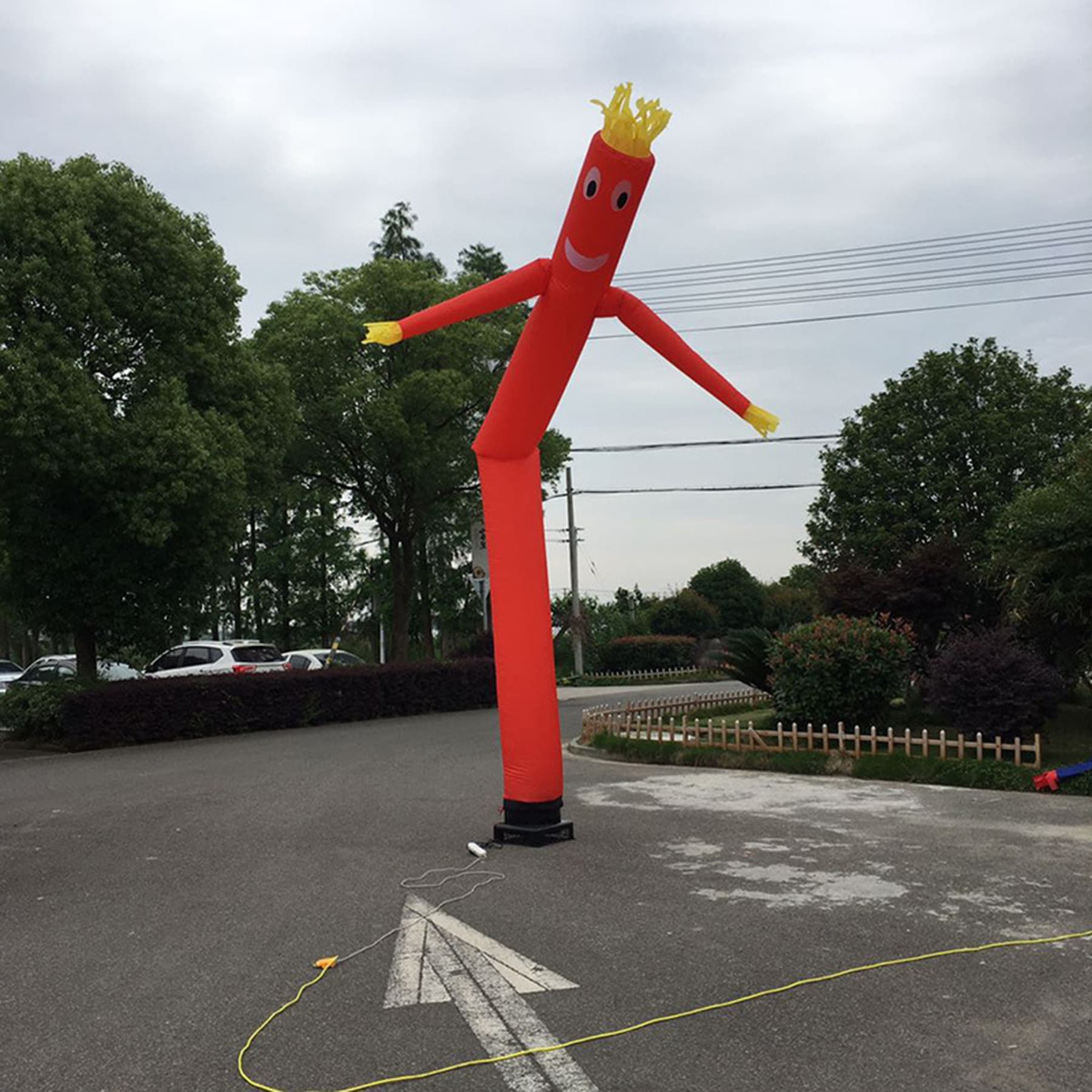 The air dancer is lightweight and stands 20 feet tall. It comes with an electric blower.
