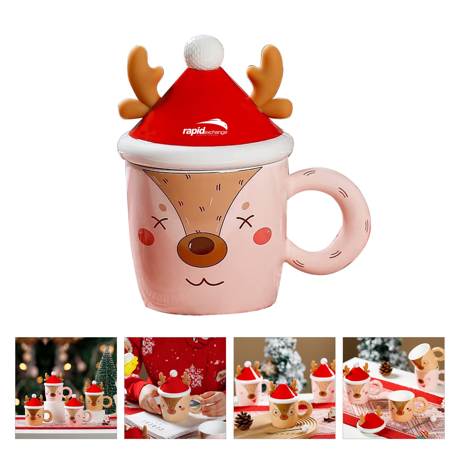13OZ Christmas elk Creative Ceramic Mug with Lid Spoon