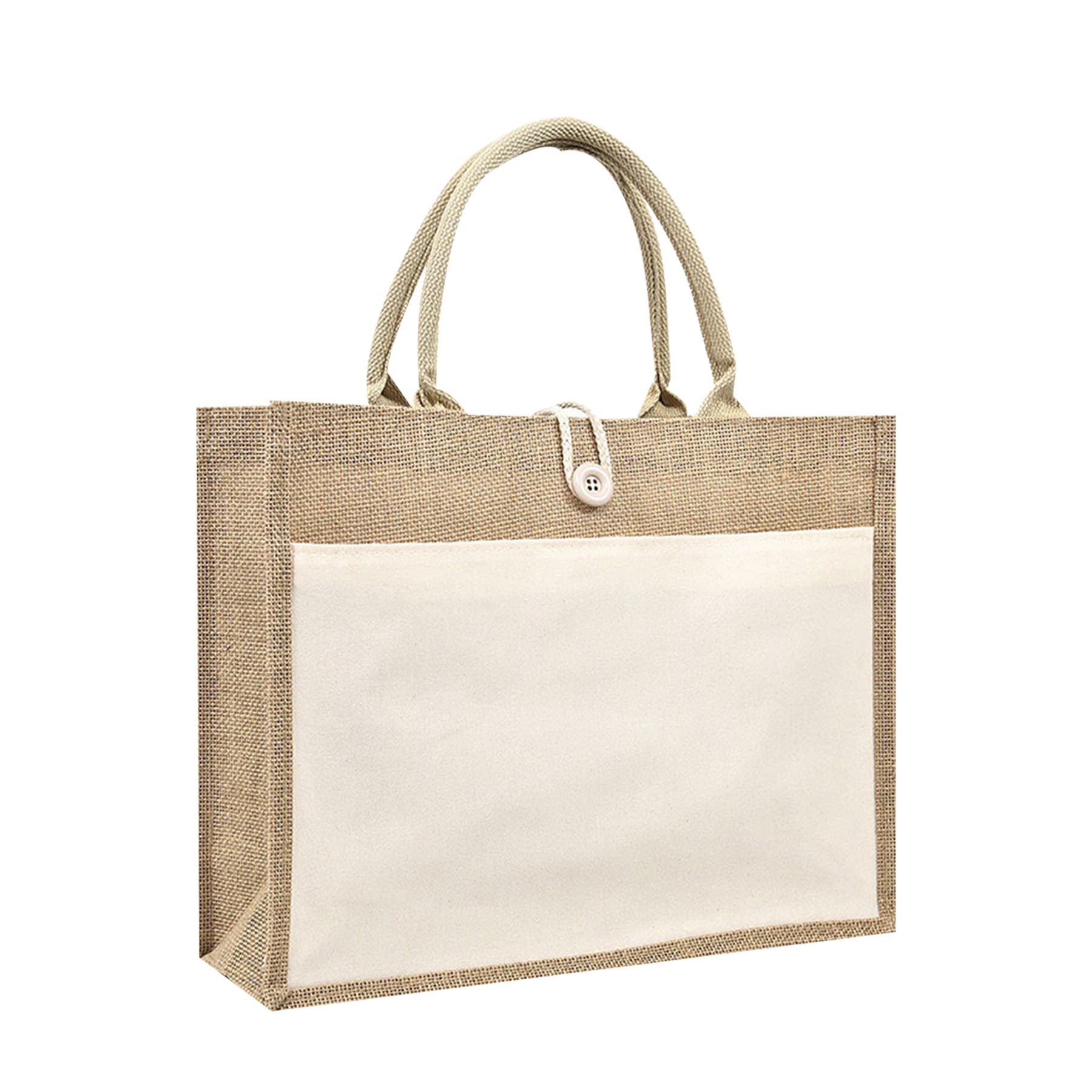 Burlap Jute Shopping Tote Bag W/Pocket Front