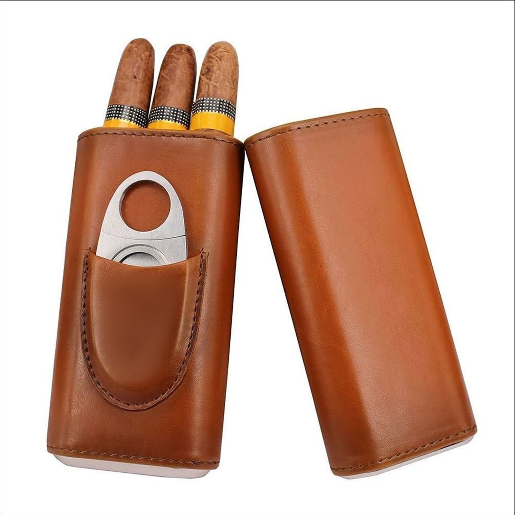 Leather Cigar Case Silver Steel Cutter
