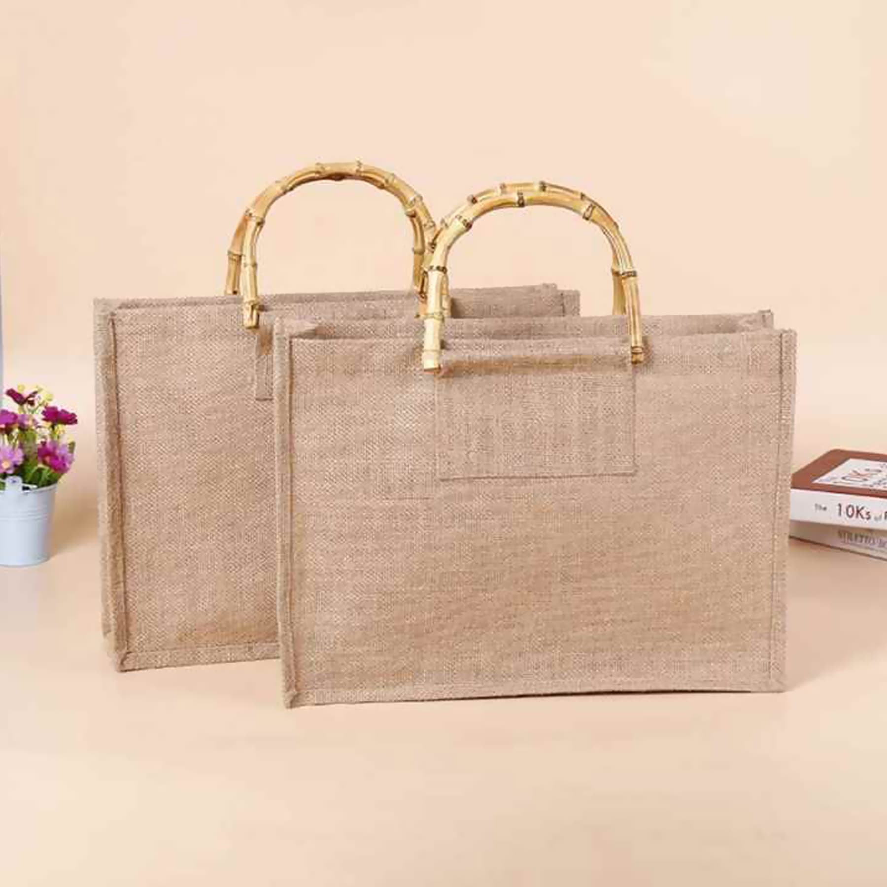 Large Jute Tote Bag W/ Bamboo Handles