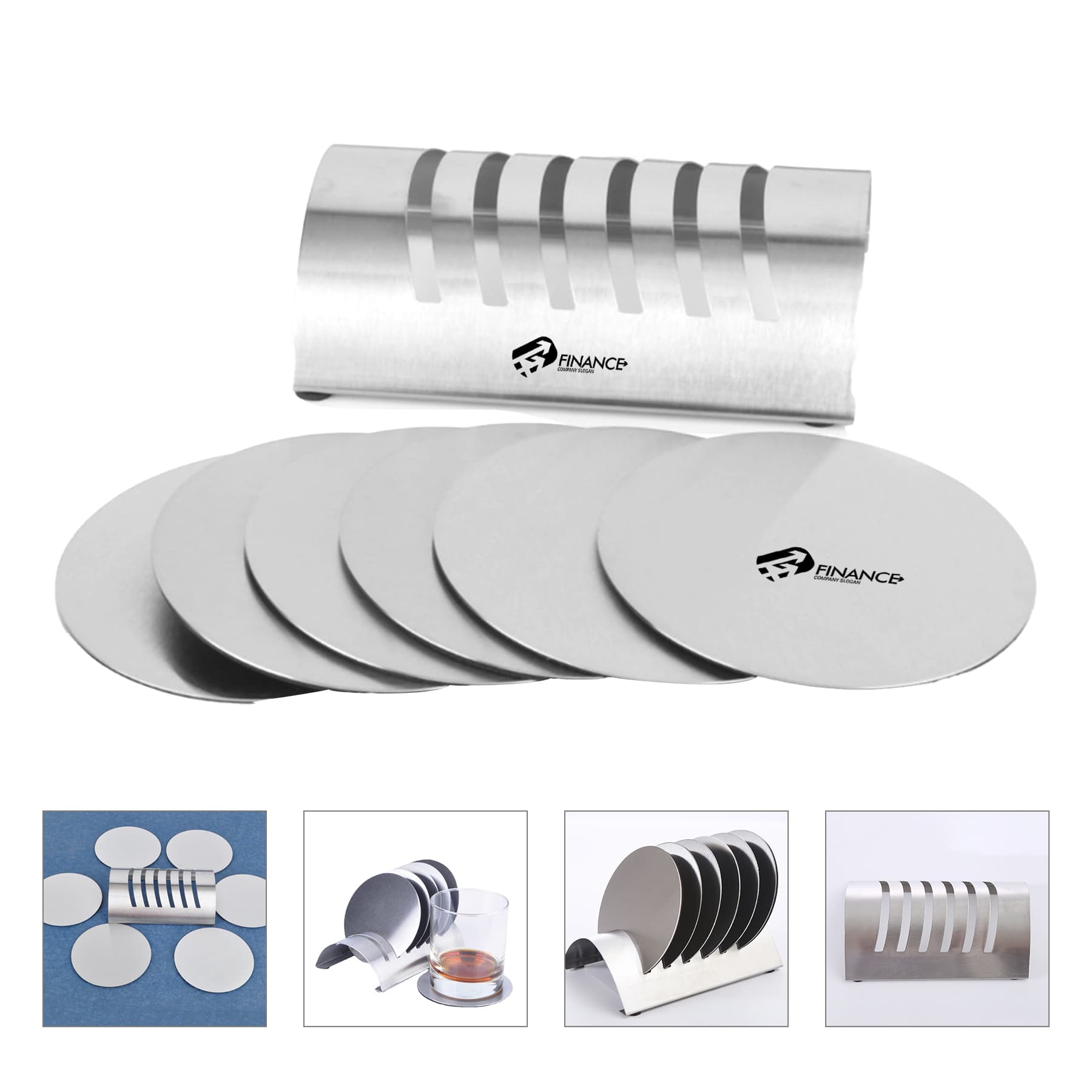 6 Piece Round Stainless Steel Coaster with Stand