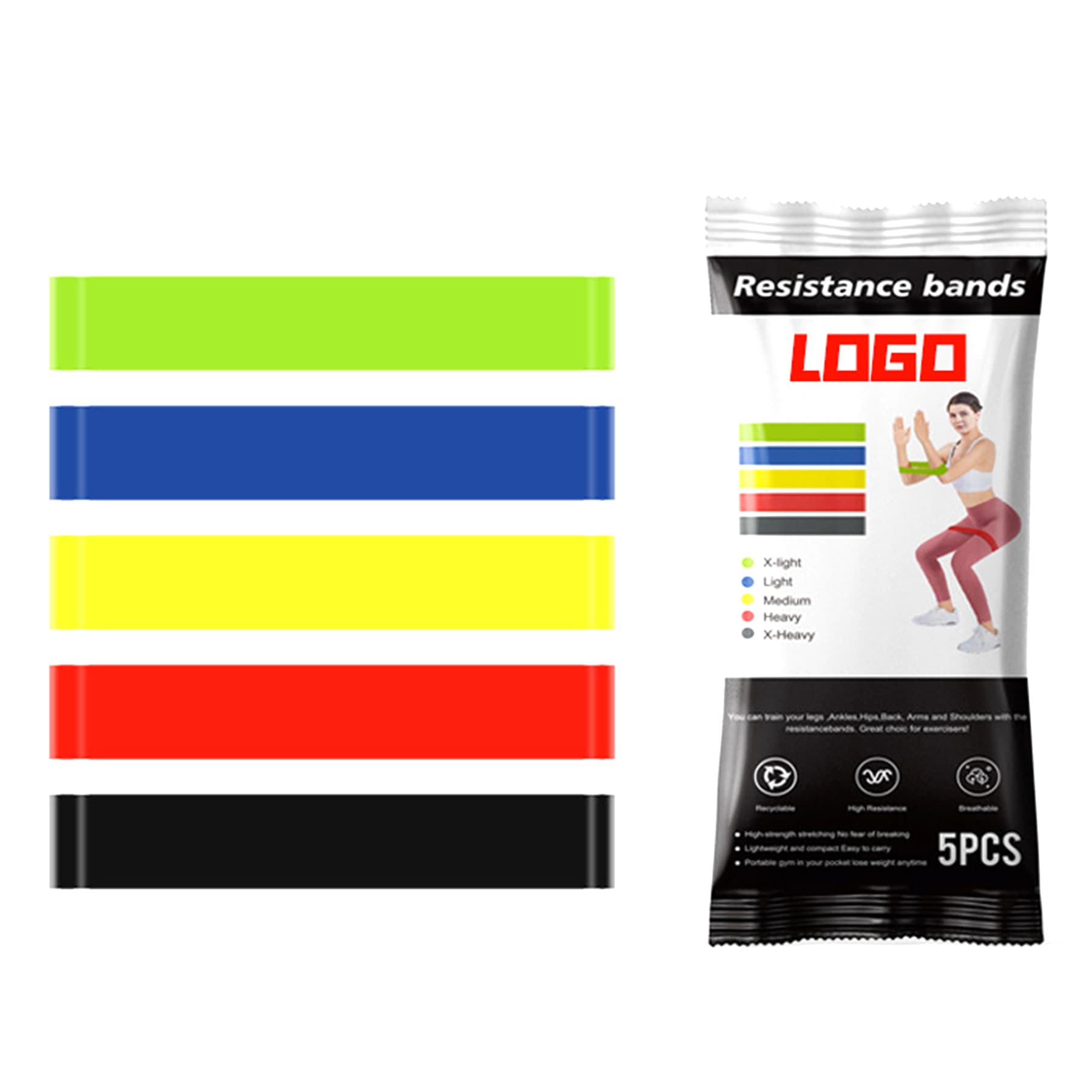 Five different color and strength Latex Elastic Yoga Resistance Bands