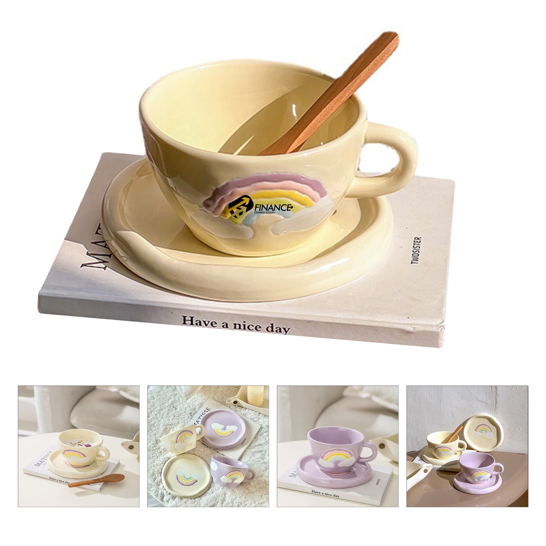 Hand-painted Rainbow Ceramic Coffee Cup Set with Saucer