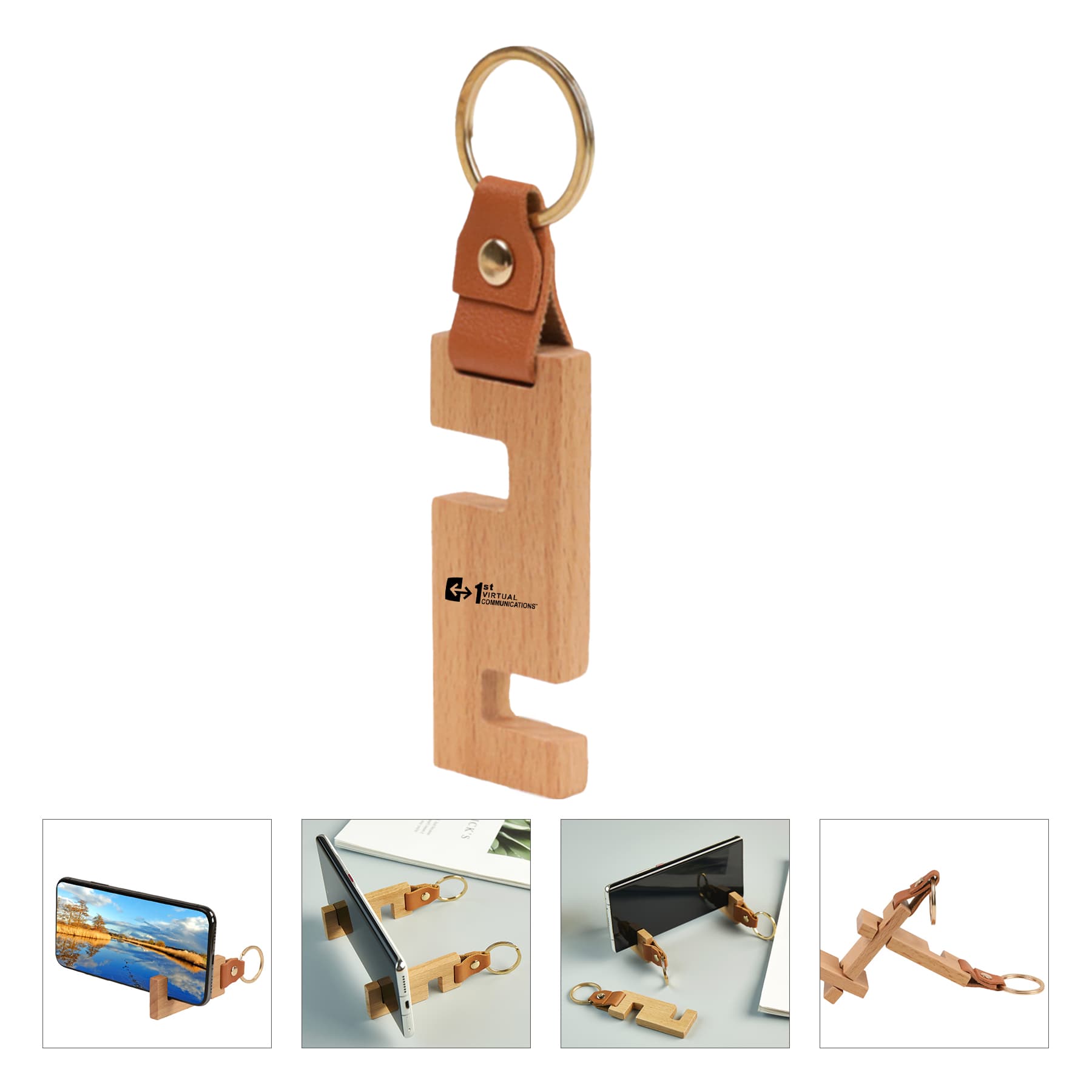 Wood Phone Stand Keychains PU Leather Key Ring