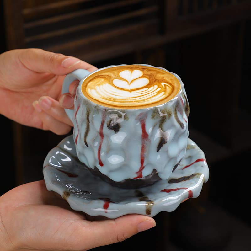 Hammered Pattern Coffee Cup and Saucer Set & Retro Mug